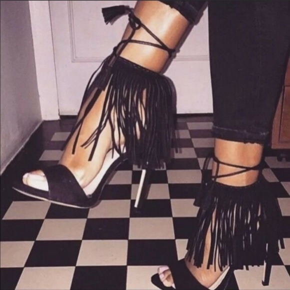 Zara Black Suede Fringed Heels - Picture 2 of 5